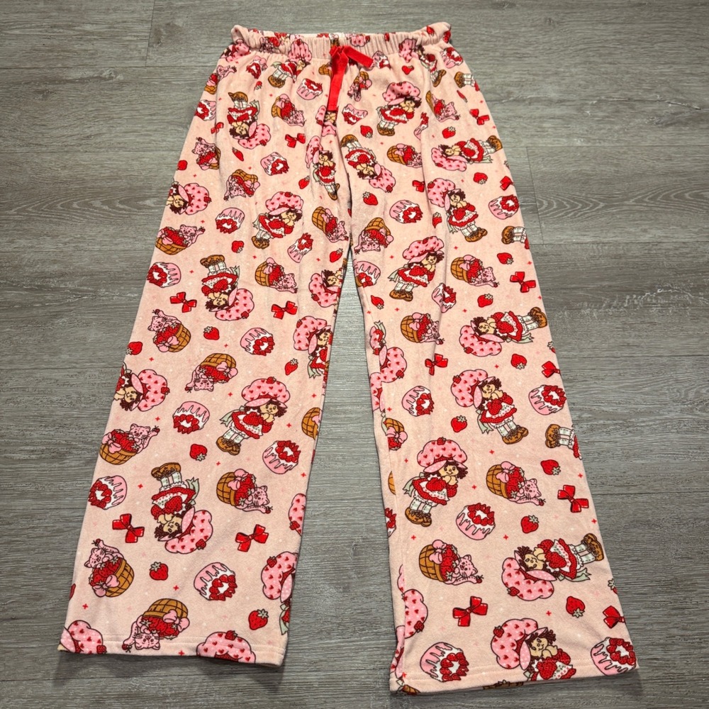 Strawberry Shortcake Pajama Pants Womens L Pink Print Fleece Y2K Aesthetic Cute